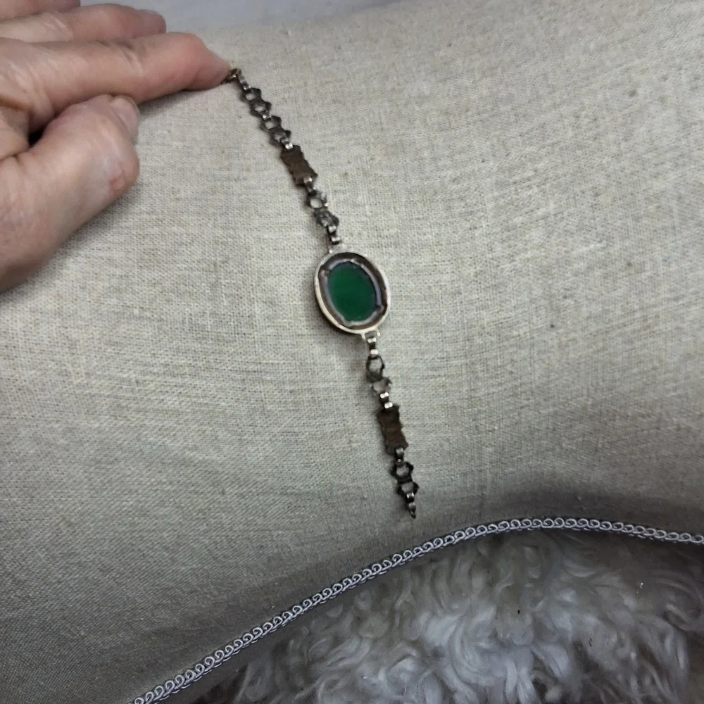 Vintage Art Deco Sterling Marcasite Green Chalcedony Bracelet Oval Cabochon - Picture 7 of 8